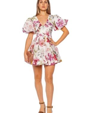 Aje White Floral Puff-Sleeve Mini Dress - Pink & Green